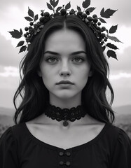 Portrait of a young woman standing on a beach with the ocean in the background, wearing a black top with and a lace choker.