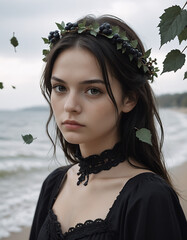 Portrait of a young woman standing on a beach with the ocean in the background, wearing a black top with and a lace choker.