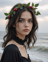 Portrait of a young woman standing on a beach with the ocean in the background, wearing a black top with and a lace choker.
