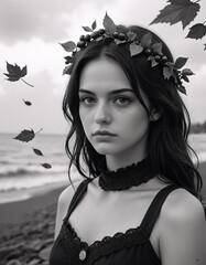 Portrait of a young woman standing on a beach with the ocean in the background, wearing a black top with and a lace choker.