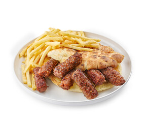 Meatball and potato plate white background.