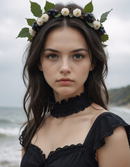 Portrait of a young woman standing on a beach with the ocean in the background, wearing a black top with and a lace choker.