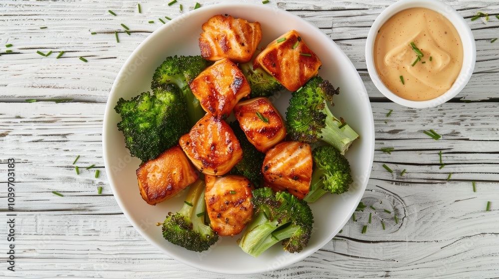 Poster grilled salmon bites with steamed broccoli florets in white bowl on white wood table with sriracha m