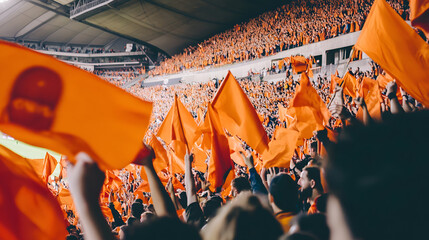 lively crowd of sports fans waving orange flags in a packed stadium, radiating energy and team spirit during a game.