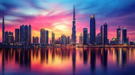 Fototapeta premium Vibrant Cityscape at Sunset with Reflection