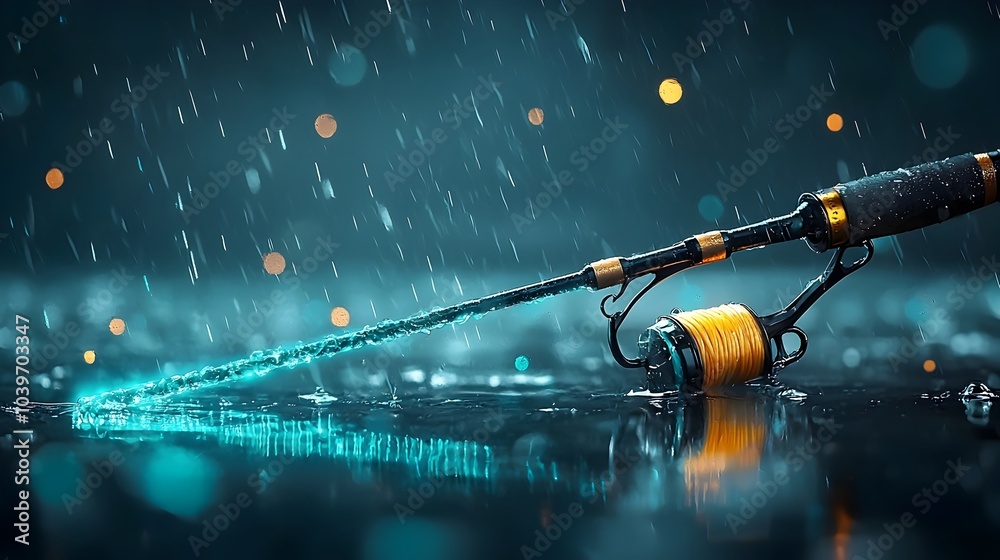 Aufkleber abstract digital of a glowing mesh fishing rod casting a neon luminous line into a surreal shimmerin