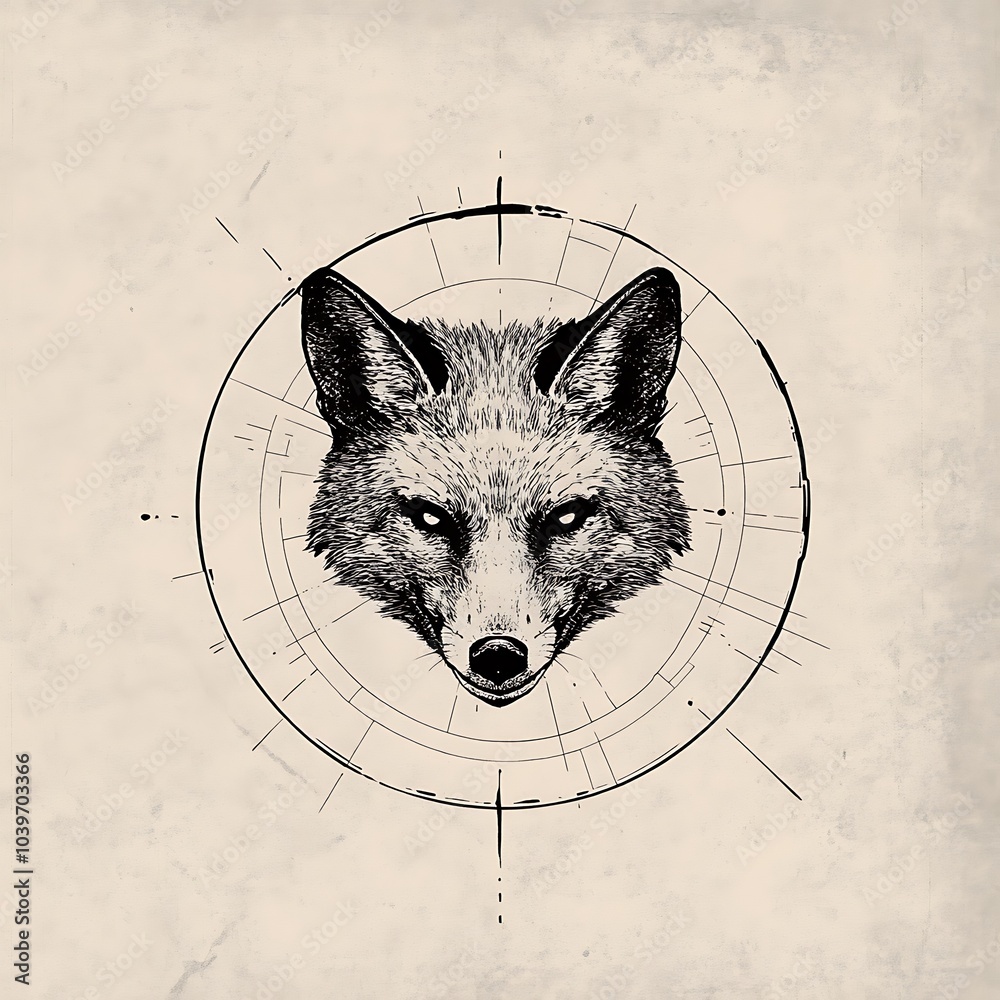Poster a detailed black and white illustration of a fox's head within a geometric circle on a textured back