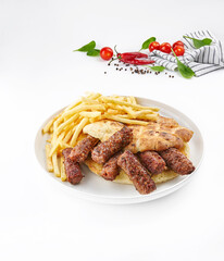 Meatball and potato plate white background.