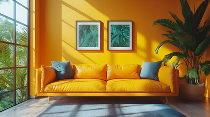 Yellow Sofa in Minimalist Living Room 3D Illustration