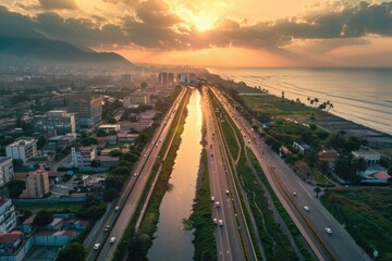 The Lima Canal at sunset. Shooting from a drone. Copy space.