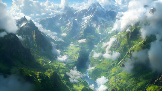 Mountain Range with Clouds and Valley 3D Illustration