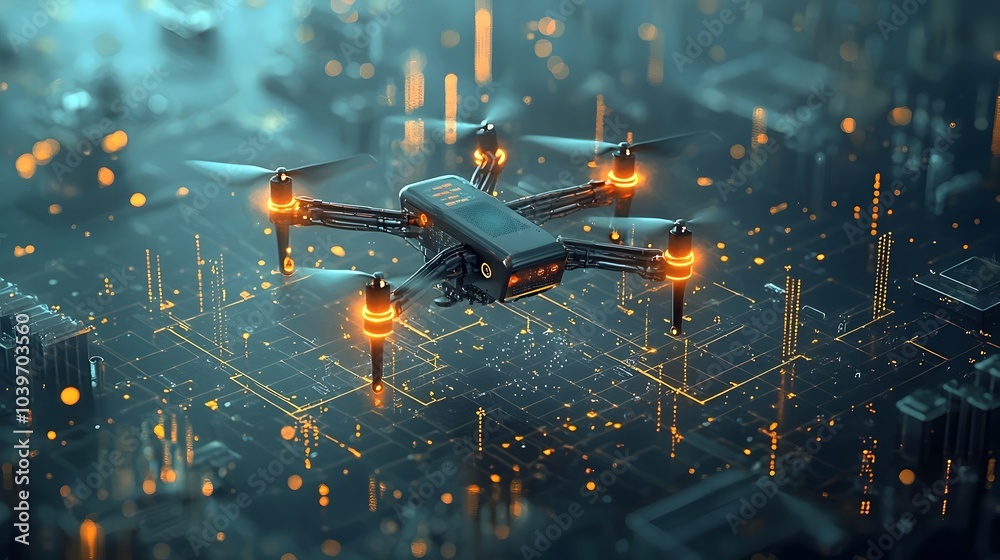 Poster aerial drone capturing an industrial zone with glowing mesh data streams symbolizing advanced monito