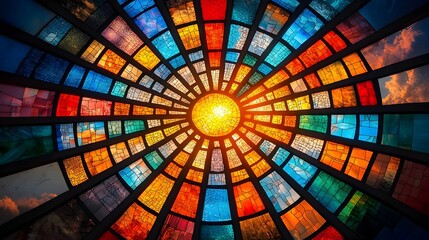 Abstract mesh patterns showcasing the intricate symmetry and geometric beauty of stained glass window designs  Colorful vibrant and visually captivating digital artwork
