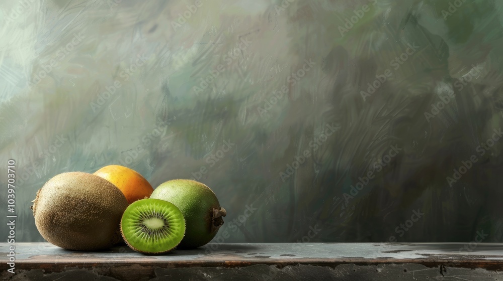 Poster Three Varieties of Kiwi Fruit on a Table Horizontal with Copy Space