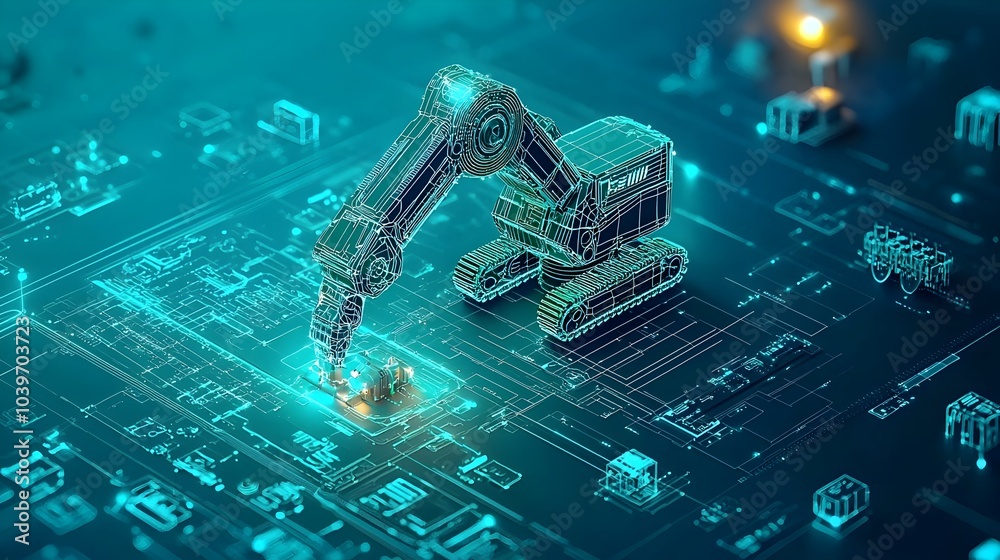 Poster automated assembly lines visualized through the use of dynamic glowing mesh flows that represent the