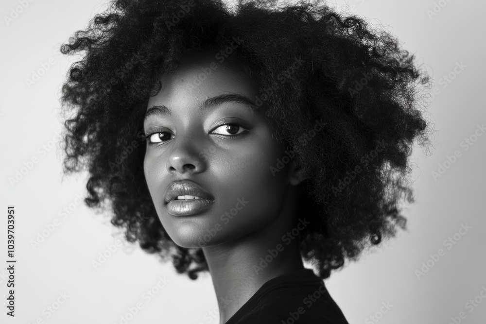 Wall mural afro american woman in monochrome photography on solid white background