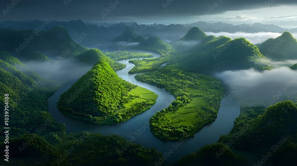 Poster Breathtaking aerial view of glowing mesh like rivers flowing through a dense lush jungle landscape creating a captivating and surreal visual experience