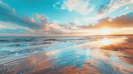Obraz premium Photorealistic beach scene at sunset soft blue yellow orange and brown colors high dynamic range wide angle lens empty beach clear sky with a few white clouds softer colors