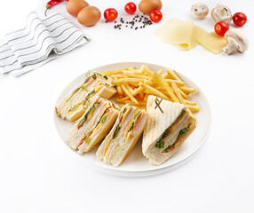 Club sandwich and fried chips isolated on the white table.