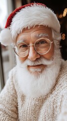 Obraz premium Senior man with white beard wearing Santa hat and glasses