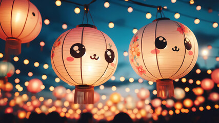 Adorable, round Chinese lanterns in pastel colors, glowing gently against a twilight sky.