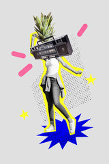 Vertical photo collage of anonym girl instead head boombox recorder pineapple palm dance weekend party music isolated on painted background