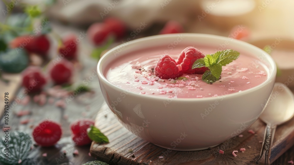 Poster raspberry cream soup on a wooden table