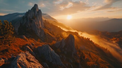 Fototapeta premium A breathtaking view of a mountain range with a bright sunset and fog. The golden light of the setting sun illuminates the peaks and the valleys below, creating a magical and serene atmosphere.