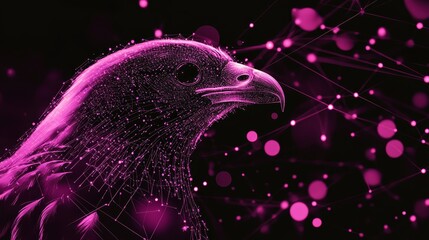  A tight shot of a raptor against a backdrop of black and purple, adorned with circular patterns formed by intersecting lines and dots