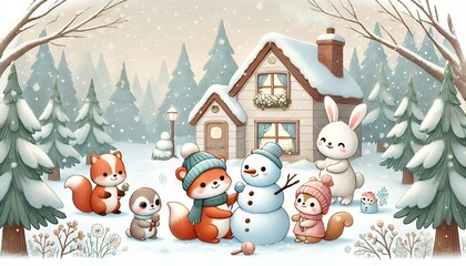 A Heartwarming Winter Scene Featuring Adorable Animals Building a Snowman in a Cozy Snow-Covered Landscape