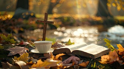 The cross of Jesus Christ the holy bible green leaves sunlight a teacup and flowing autumn valley water