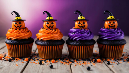 Close-up of Halloween treats with purple and orange swirls, mini bats, castles, and pumpkin faces. Each is topped with a witch's hat, set against a purple background sprinkled with festive candies.