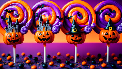 Close-up of Halloween treats with purple and orange swirls, mini bats, castles, and pumpkin faces. Each is topped with a witch's hat, set against a purple background sprinkled with festive candies.