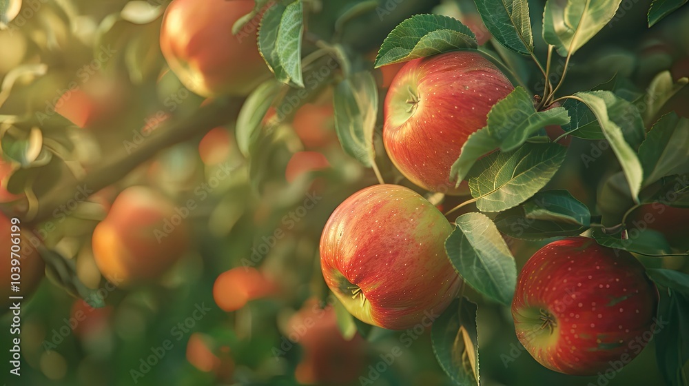 Aufkleber ripe juicy red apples dwarf trees apple tree in old orchard close up photo