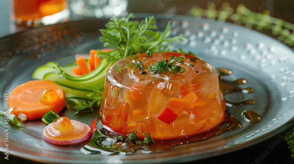 Poster jellied pork and beef with carrots served with vegetables salad on a plate