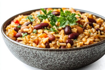 Vegetarian beans and rice, plant-based dish catering to vegan diets on solid white background