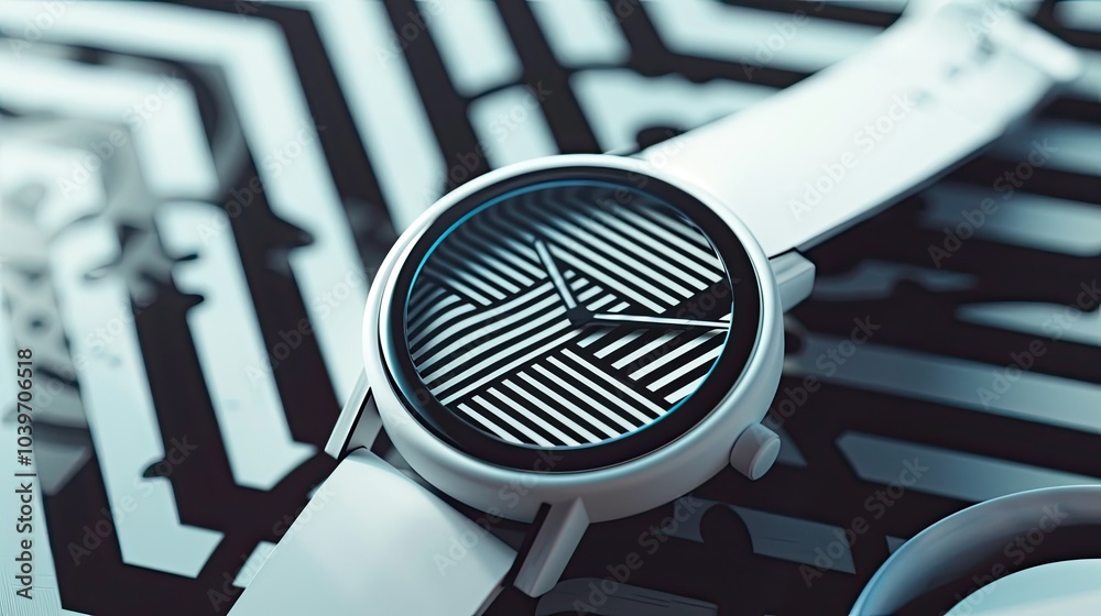 Poster minimalist stil with halftone style electronic pattern on the surface modern watch perspektiva scew 