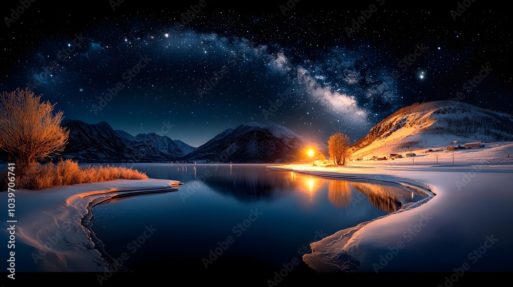 Poster Captivating abstract landscape of a frozen lake with glowing mesh like waves reflecting the ethereal glow of the moonlight creating a serene and mesmerizing winter scene