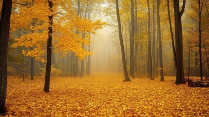 A serene autumn morning in a misty forest filled with golden leaves and soft sunlight filtering through the trees