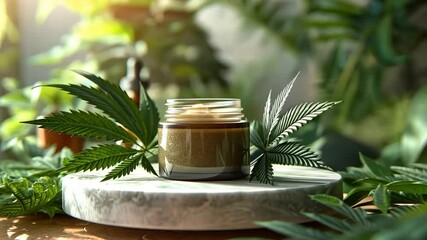Hemp-infused skincare items are beautifully arranged on a stone slab amid lush green foliage, showcasing a natural aesthetic.