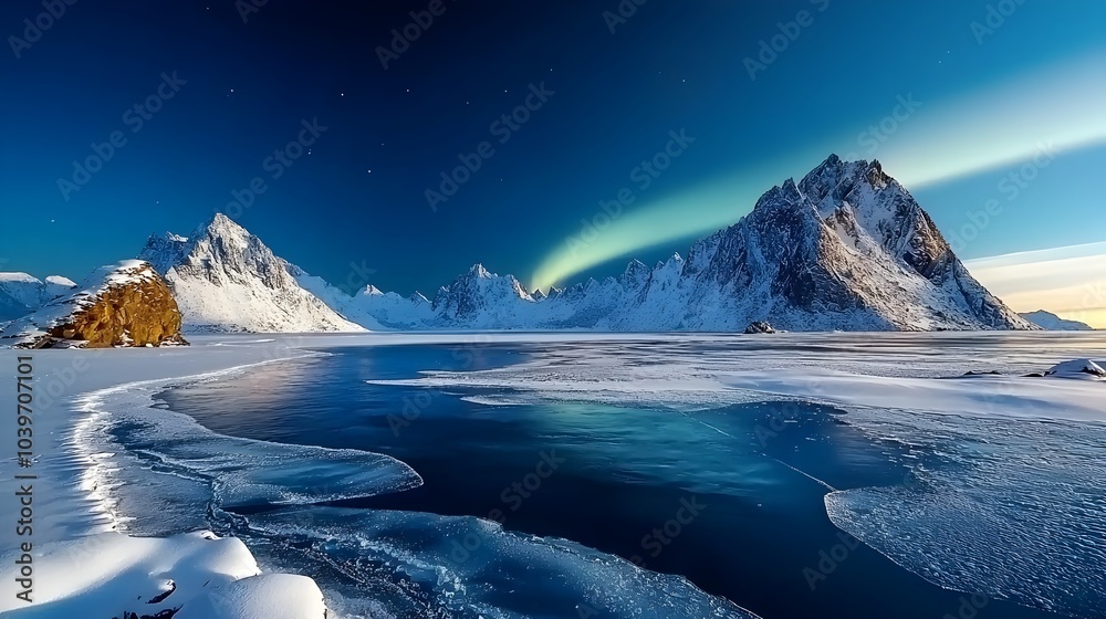 Poster captivating aurora borealis shimmering and dancing across the starry night sky over a serene frozen 