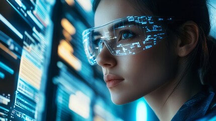 beautiful woman wearing futuristic smart glasses
