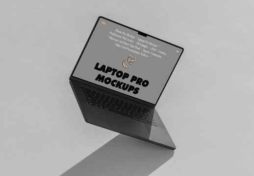 Dark Laptop Floating Over Floor Mockup