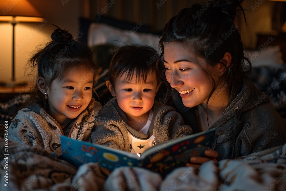 Wall mural a mother reads a colorful storybook to her two young children, creating a warm, intimate atmosphere 