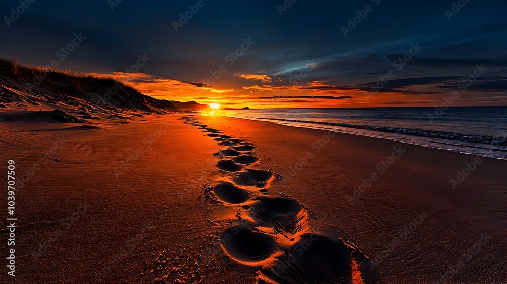 Poster Captivating digital artwork showcasing a mesmerizing display of glowing mesh trails tracing ethereal footsteps on a serene beach at the tranquil moment of sunrise  This modern