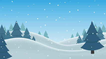 Snowy winter landscape with fir trees. Ideal background for flyer, banner or poster