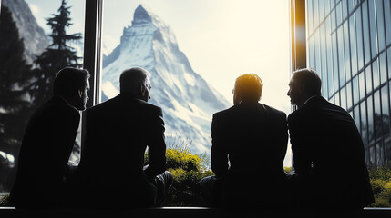Silhouette of businessmen sitting in a meeting room with mountain view