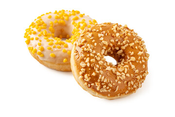 freshly baked assorted donuts isolated on white