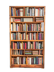 Isolated Tall Wooden Bookshelf Filled with an Assortment of Colorful Books Transparent Background