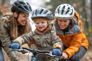Fototapeta premium Two women help a young boy ride his bicycle through a wooded area during autumn. The vibrant leaves create a colorful backdrop as they smile and encourage him